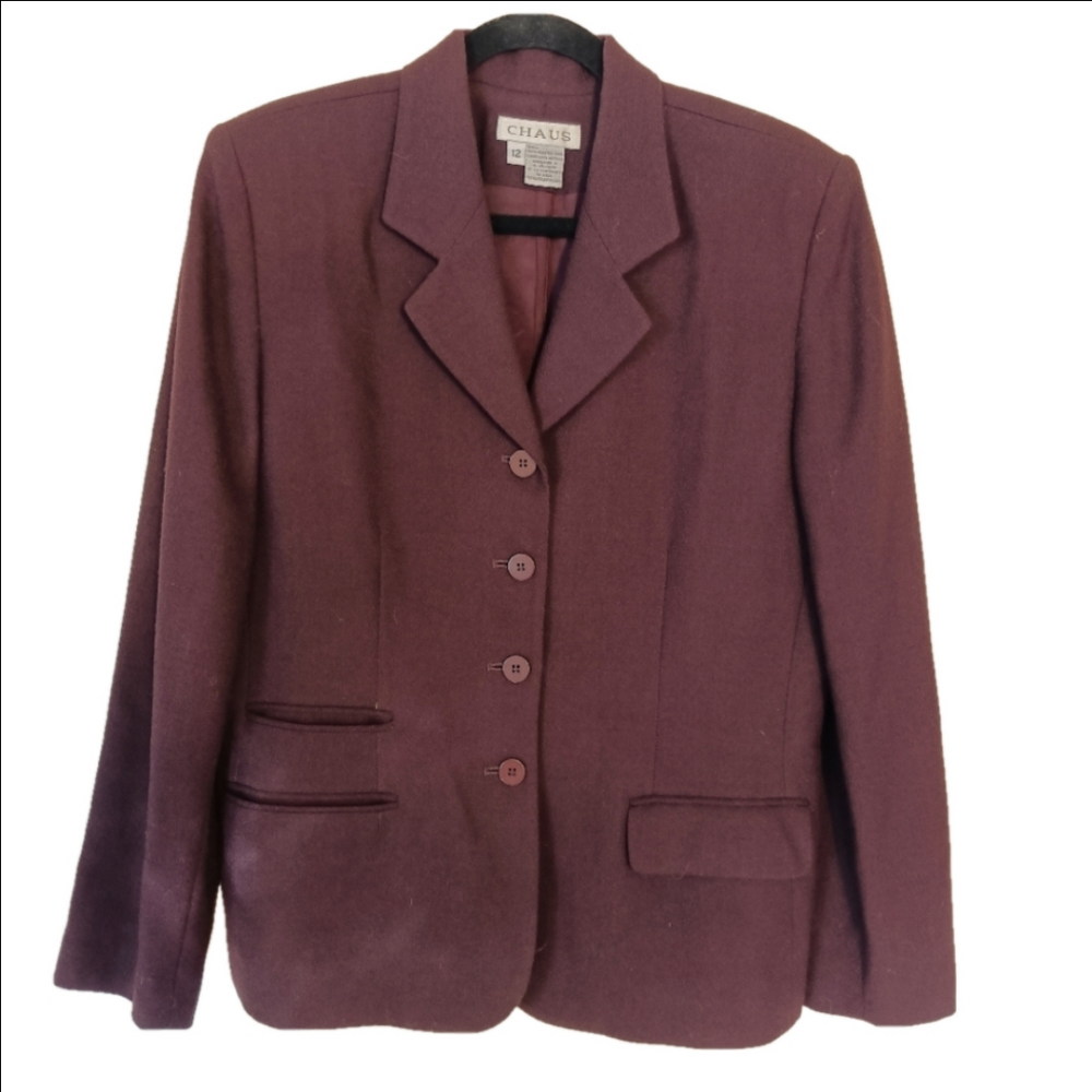 Chaus Blazer Women's Size 12 Burgendy/Wine Jacket 100%‎ Worsted Wool Lined